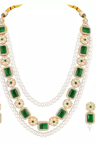 Women's green kundan synthetic stone & beads studded necklace earrings