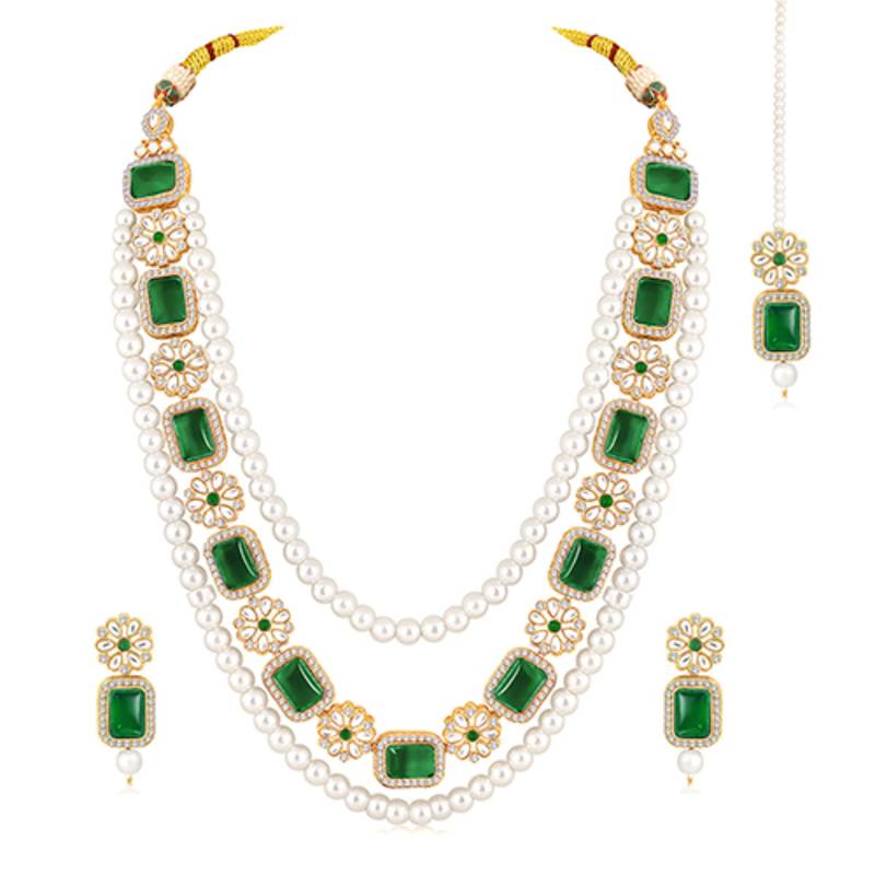 Women's green kundan synthetic stone & beads studded necklace earrings