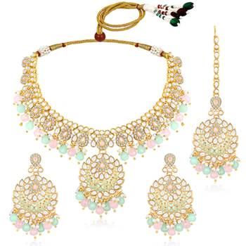 Gold plated mint & pink kundan & beads studded necklace earrings 5