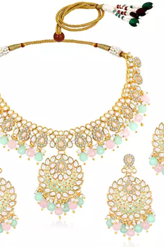 Gold plated mint & pink kundan & beads studded necklace earrings