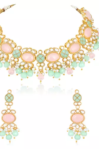 Gold plated mint & light pink kundan beads and synthetic stone
