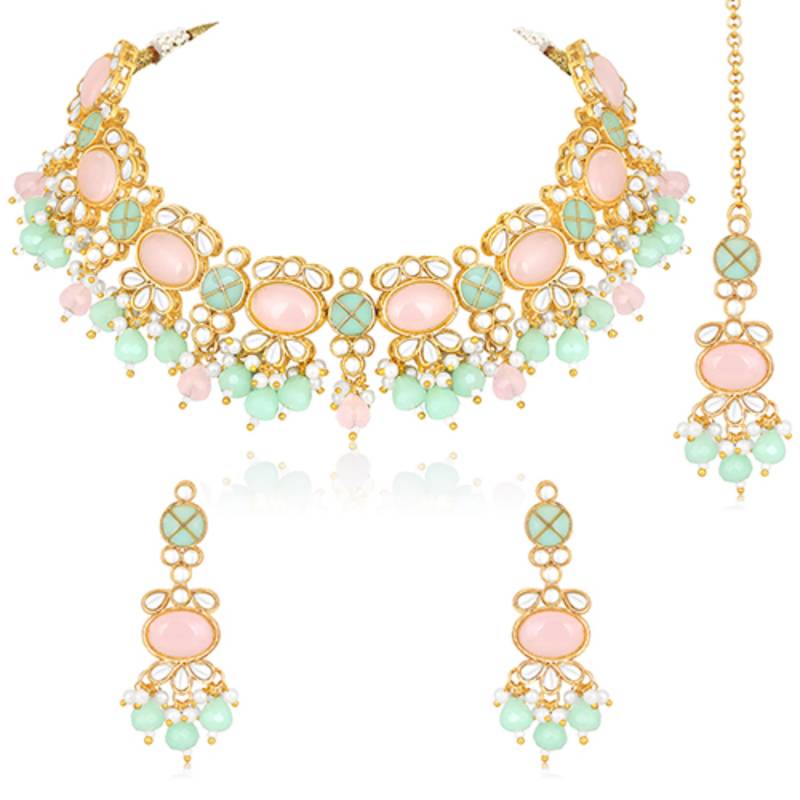 Gold plated mint & light pink kundan beads and synthetic stone