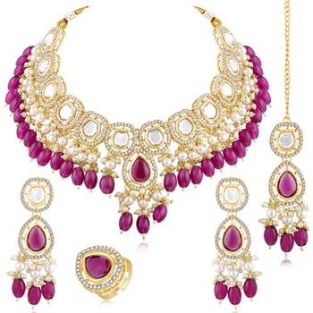 Synthetic stone & purple beads studded necklace earrings maangtikka 2