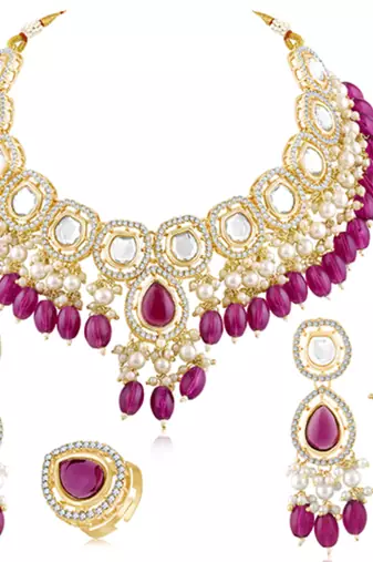 Synthetic stone & purple beads studded necklace earrings maangtikka