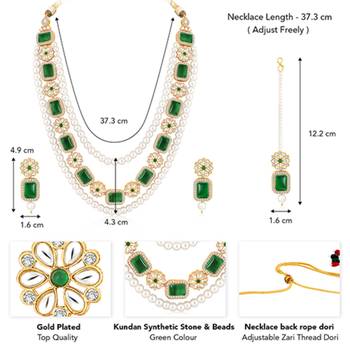 Women's green kundan synthetic stone & beads studded necklace earrings 4