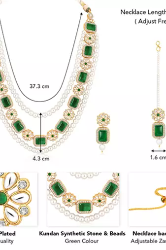 Women's green kundan synthetic stone & beads studded necklace earrings