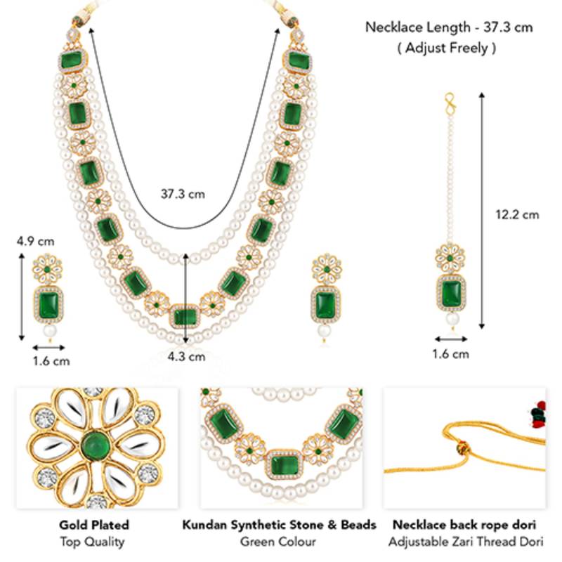 Women's green kundan synthetic stone & beads studded necklace earrings