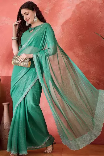 Sea green embellished banarasi saree with blouse piece