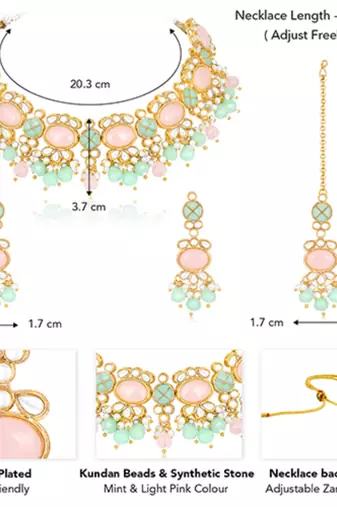 Gold plated mint & light pink kundan beads and synthetic stone