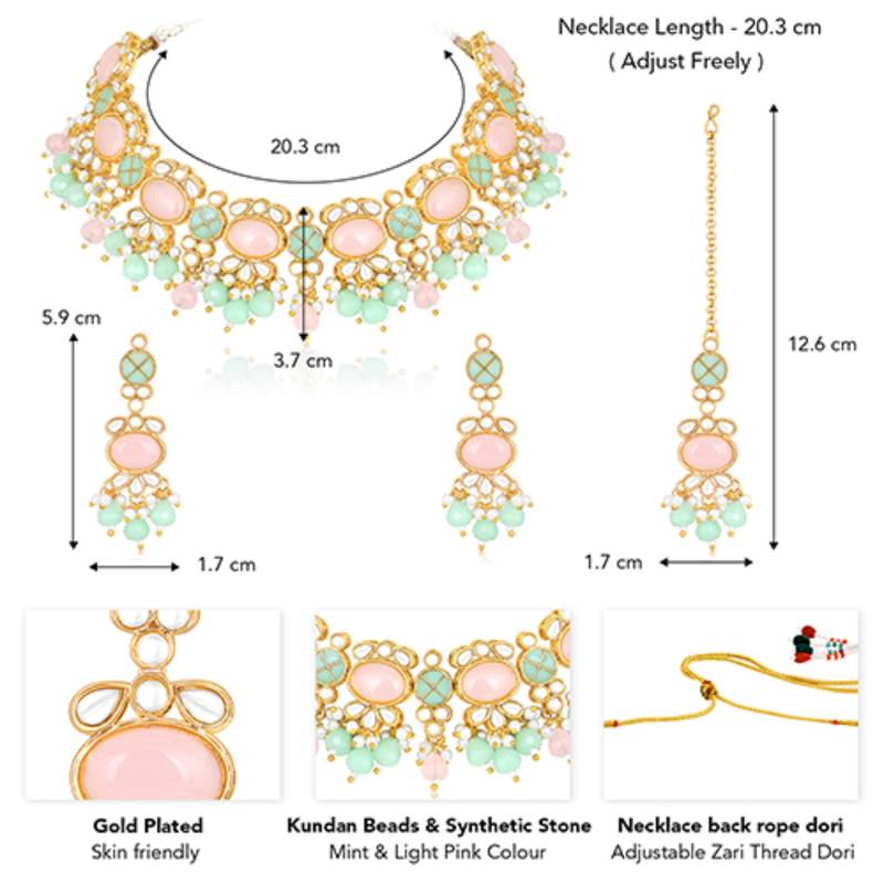 Gold plated mint & light pink kundan beads and synthetic stone