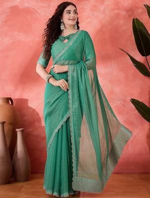 Sea green embellished banarasi saree with blouse piece 5