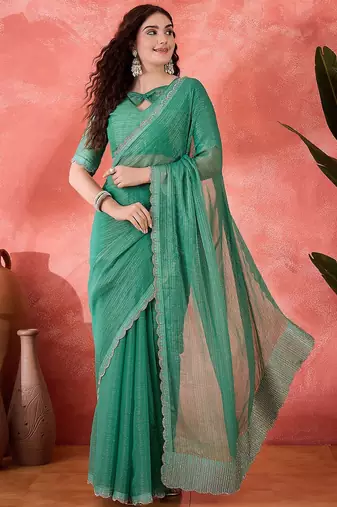 Sea green embellished banarasi saree with blouse piece