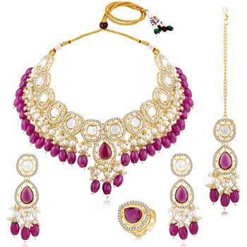 Synthetic stone & purple beads studded necklace earrings maangtikka 3