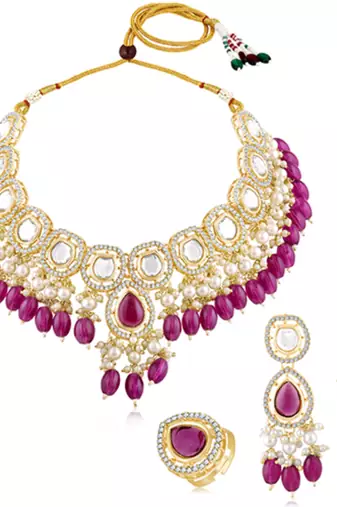 Synthetic stone & purple beads studded necklace earrings maangtikka