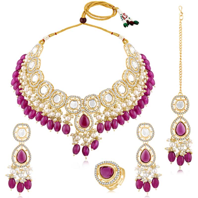 Synthetic stone & purple beads studded necklace earrings maangtikka