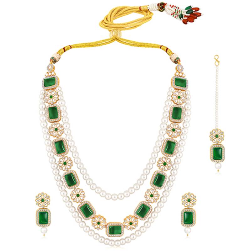 Women's green kundan synthetic stone & beads studded necklace earrings