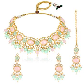 Gold plated mint & light pink kundan beads and synthetic stone 5