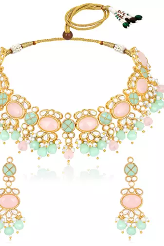 Gold plated mint & light pink kundan beads and synthetic stone