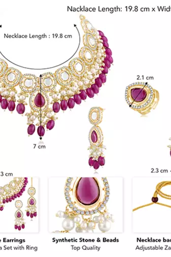 Synthetic stone & purple beads studded necklace earrings maangtikka