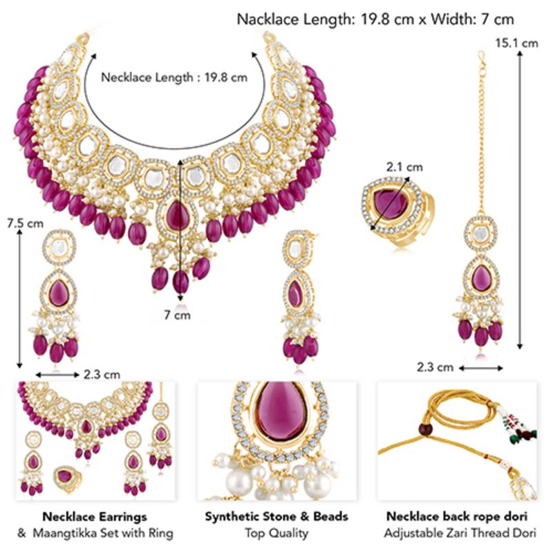 Synthetic stone & purple beads studded necklace earrings maangtikka