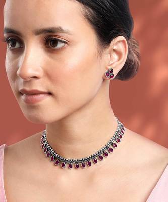 Women's silver toned rani pink synthetic stone studded choker necklace stud 1