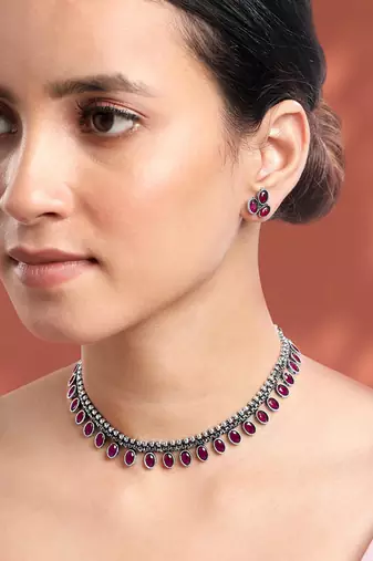 Women's silver toned rani pink synthetic stone studded choker necklace stud