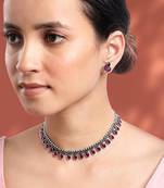 Women's silver toned rani pink synthetic stone studded choker necklace stud
