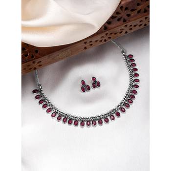 Women's silver toned rani pink synthetic stone studded choker necklace stud 2