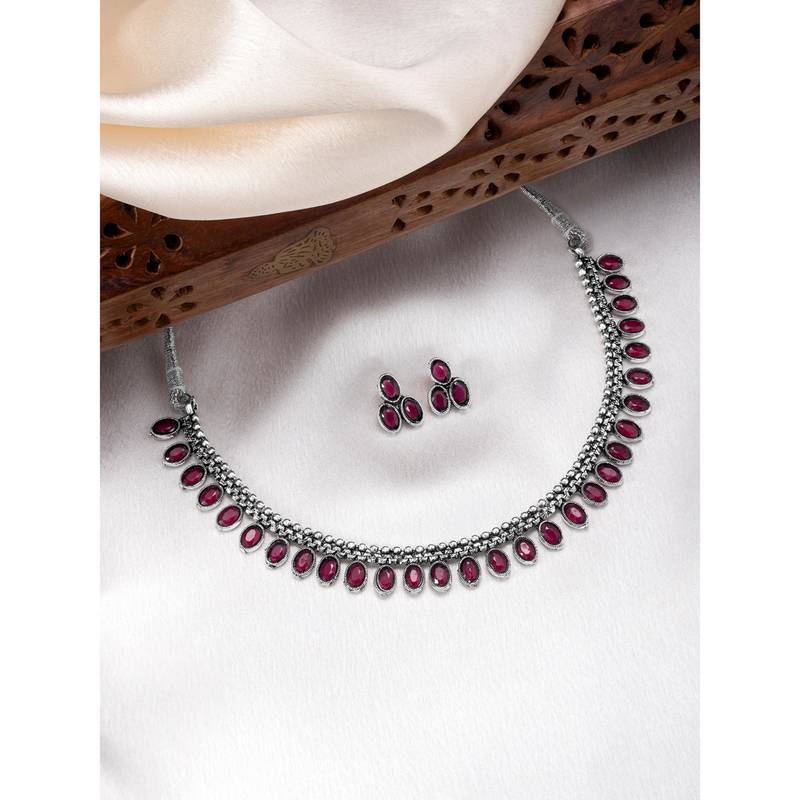 Women's silver toned rani pink synthetic stone studded choker necklace stud