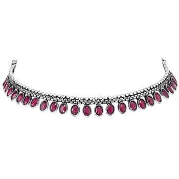 Women's silver toned rani pink synthetic stone studded choker necklace stud 3
