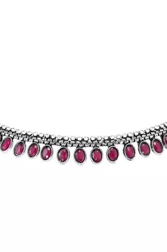 Women's silver toned rani pink synthetic stone studded choker necklace stud