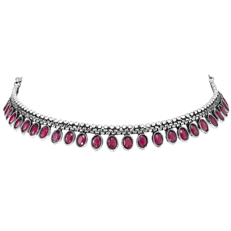 Women's silver toned rani pink synthetic stone studded choker necklace stud