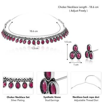 Women's silver toned rani pink synthetic stone studded choker necklace stud 4