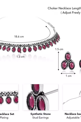Women's silver toned rani pink synthetic stone studded choker necklace stud