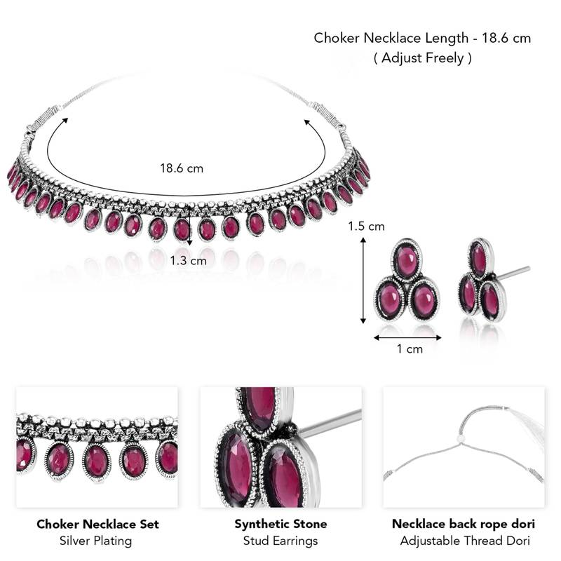 Women's silver toned rani pink synthetic stone studded choker necklace stud