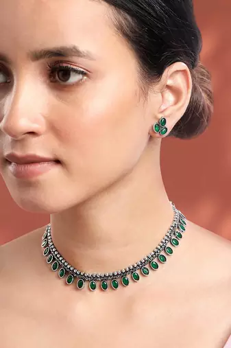 Women's silver toned green synthetic stone studded choker necklace stud