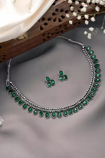 Women's silver toned green synthetic stone studded choker necklace stud
