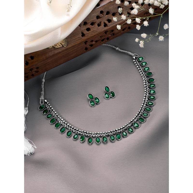 Women's silver toned green synthetic stone studded choker necklace stud