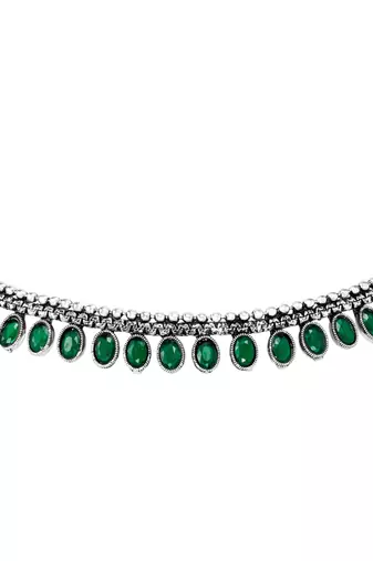 Women's silver toned green synthetic stone studded choker necklace stud