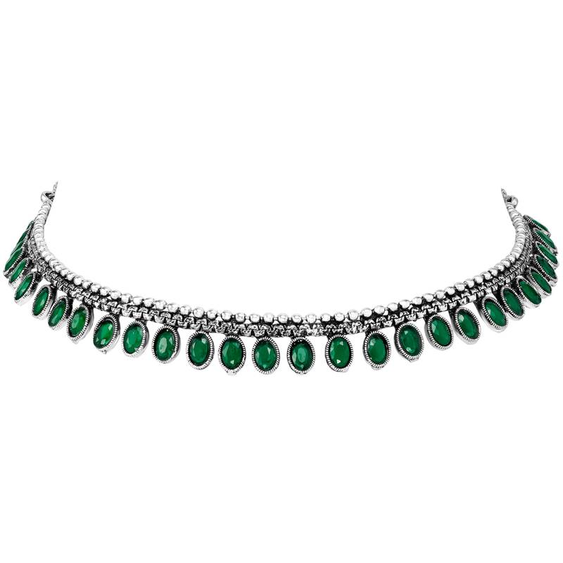 Women's silver toned green synthetic stone studded choker necklace stud