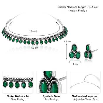 Women's silver toned green synthetic stone studded choker necklace stud 4