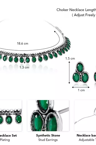 Women's silver toned green synthetic stone studded choker necklace stud