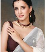 Maroon synthetic stone & pearl studded necklace earrings maangtikka