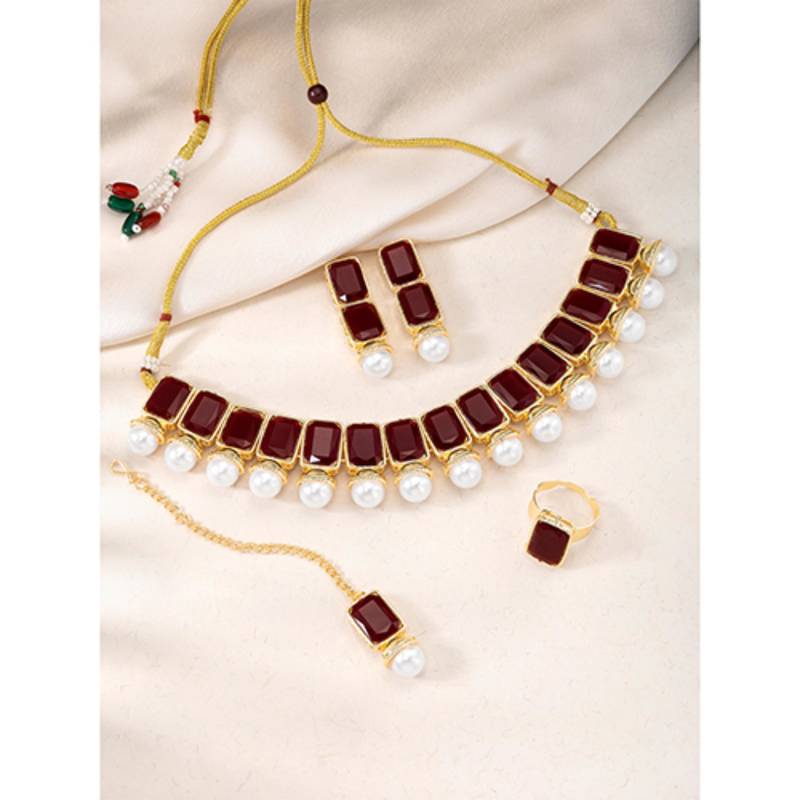 Maroon synthetic stone & pearl studded necklace earrings maangtikka
