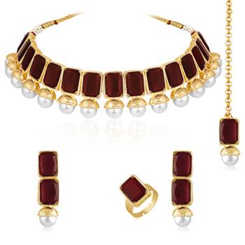 Maroon synthetic stone & pearl studded necklace earrings maangtikka 3
