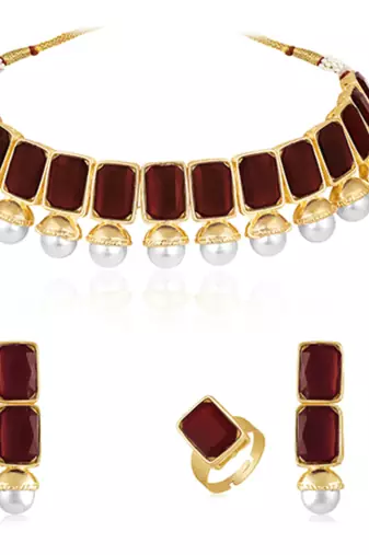 Maroon synthetic stone & pearl studded necklace earrings maangtikka