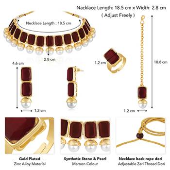 Maroon synthetic stone & pearl studded necklace earrings maangtikka 4