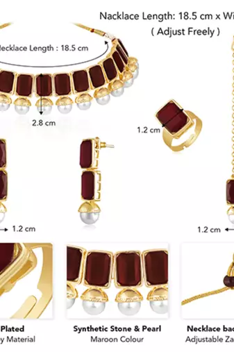 Maroon synthetic stone & pearl studded necklace earrings maangtikka