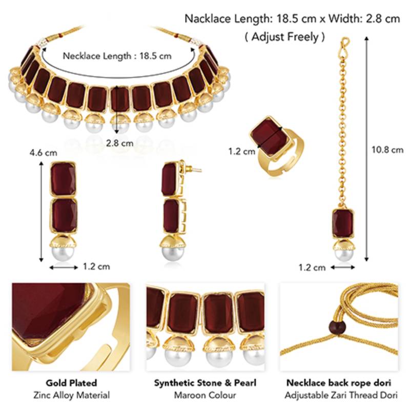 Maroon synthetic stone & pearl studded necklace earrings maangtikka