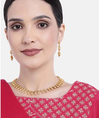 Gold plated choker necklace with drop earring traditional jewelry set 1